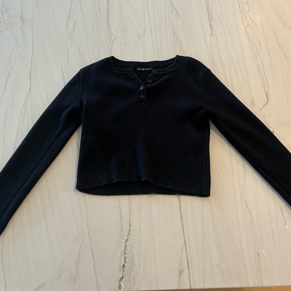 Brandy Melville Black Crop Henley Cardigan Sweater Ribbed